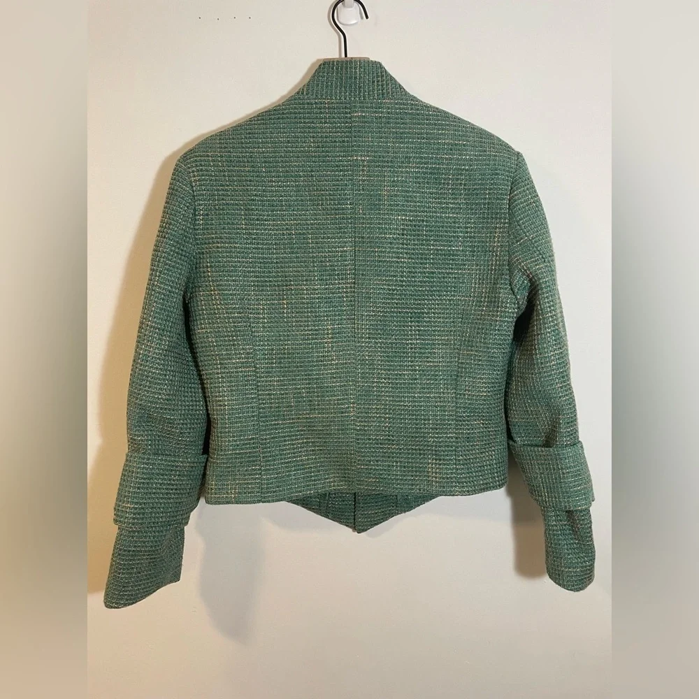 ORTTU Star Neck Jacket Green Tweed Gold Accents Size Medium Military Glamor $290